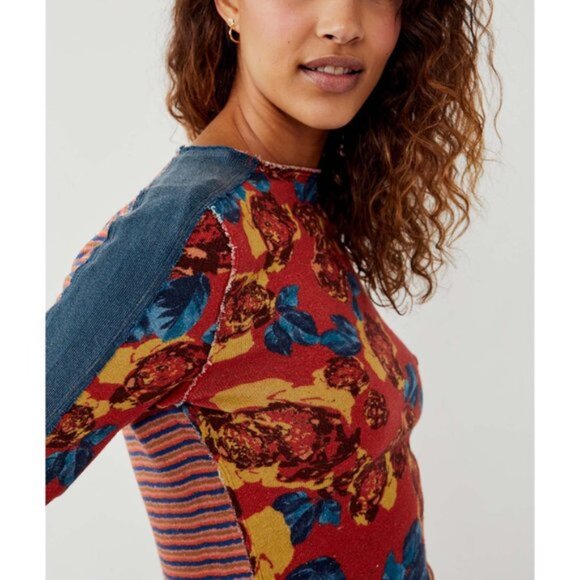 Free People Mash Up Tee Long Sleeve XL Red Combo Floral Stripe Patchwork Top - Picture 5 of 15